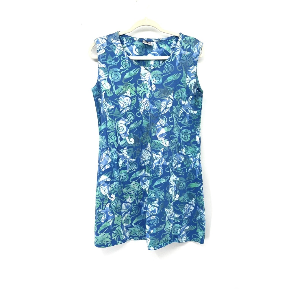 vintage Rum Reggae Blue coastal boho batik ocean print mini shift dress cotton M